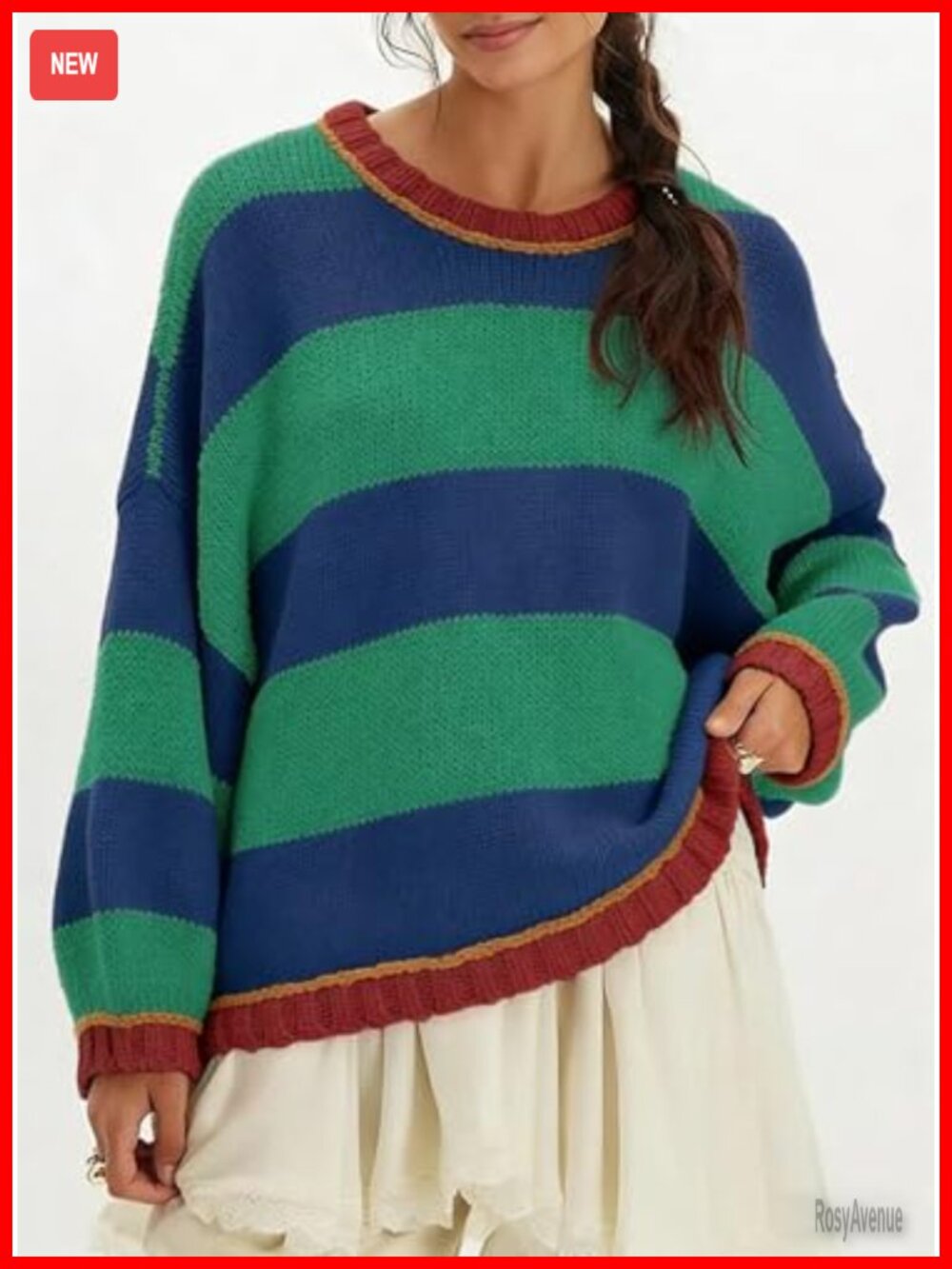 Women's Oversized Striped Chunky Knit Crewneck Sweater Pullover - Picture 2 of 6